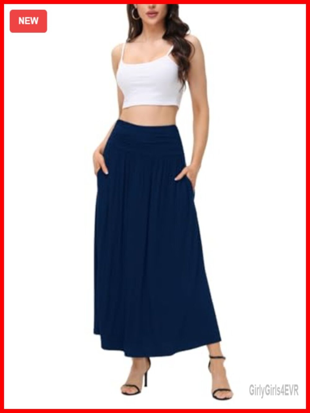 Women's Ruched High Waisted Maxi Skirt with Pockets Casual Flowy Long Skirt